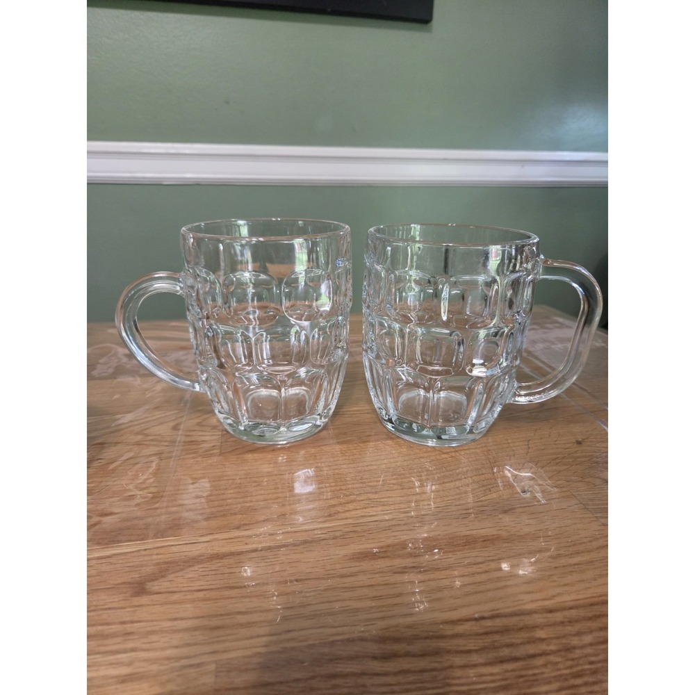 2 Vintage Clear Glass Thumbprint Barrel Beer Mugs 18oz Made In France,  Arcoroc
